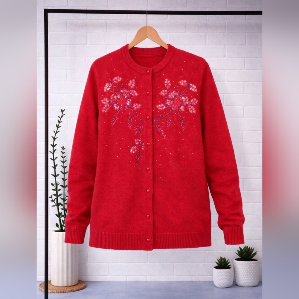 LAMBSWOOL Womens Floral Sequin Gem Hand Beaded Cardigan Red Pear Medium Large